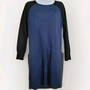 Philosophy Cashmere Blend Sweater Dress Sz L Blue/Black/Gray Colorblock Long Slv